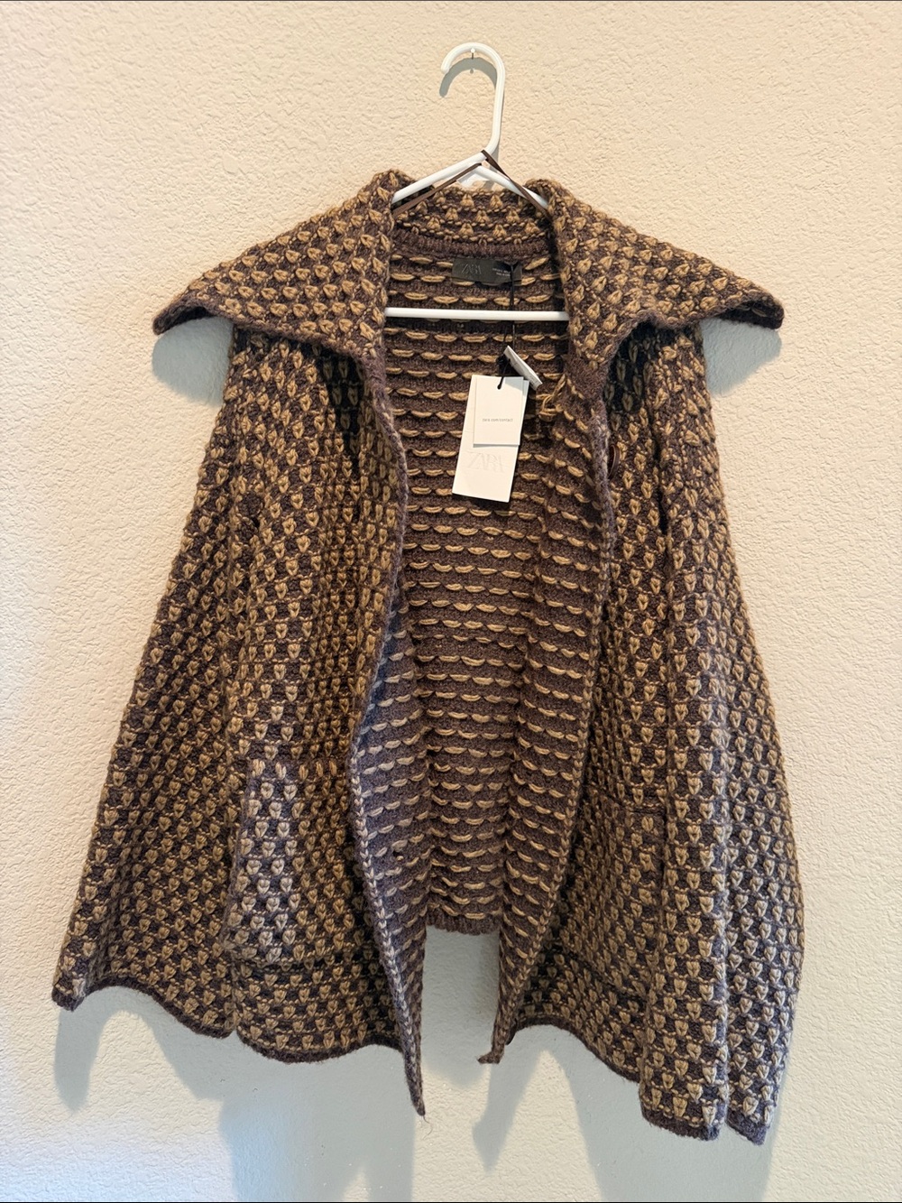 Zara Open-Front Textured Cardigan - Brown & Cream